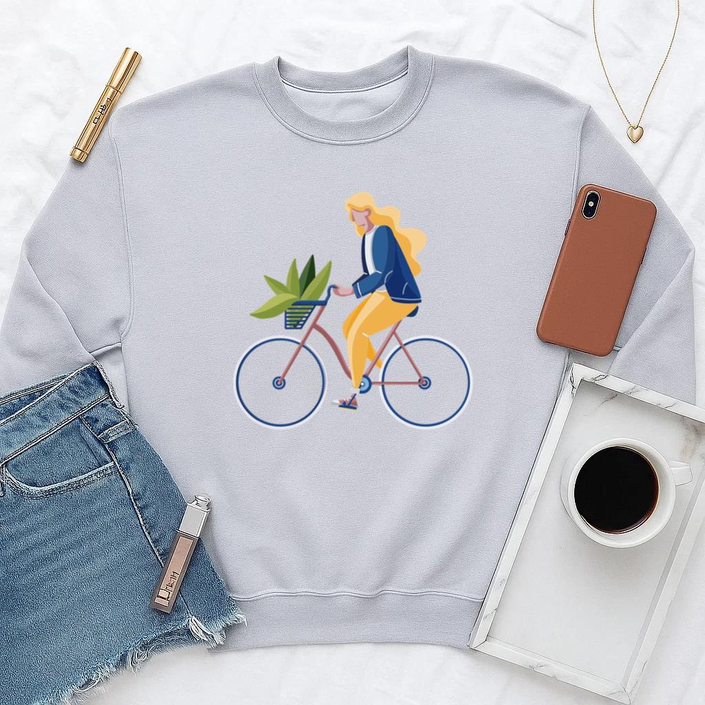 Woman Riding A Bike Flat Design Sweatshirt - Image 3